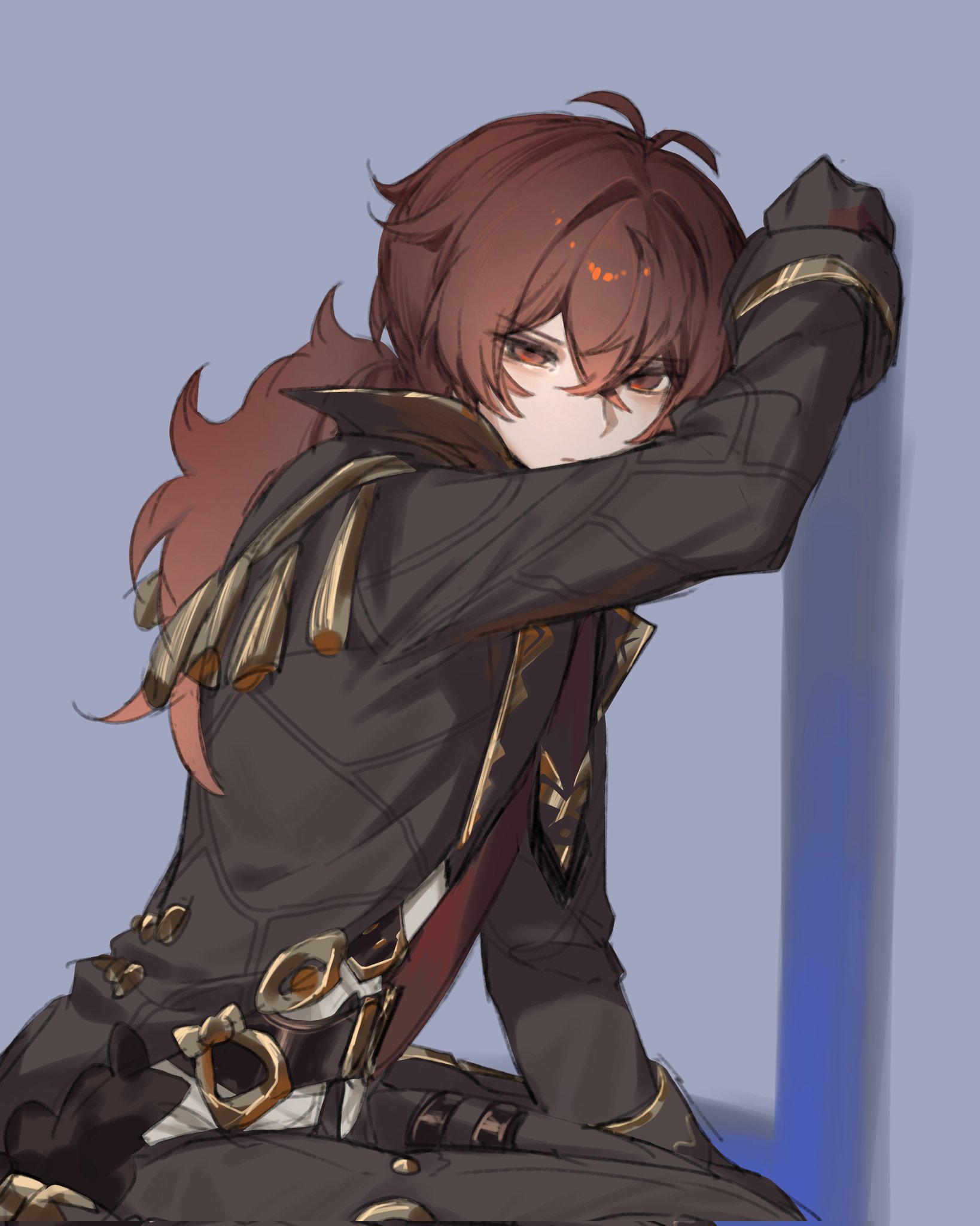 zehuij, diluc (genshin impact), genshin impact, commentary request, highres, 1boy, black gloves, closed mouth, gloves, hair between eyes, long hair, long sleeves, looking at viewer, male focus, ponytail, red eyes, red hair, solo, tassel