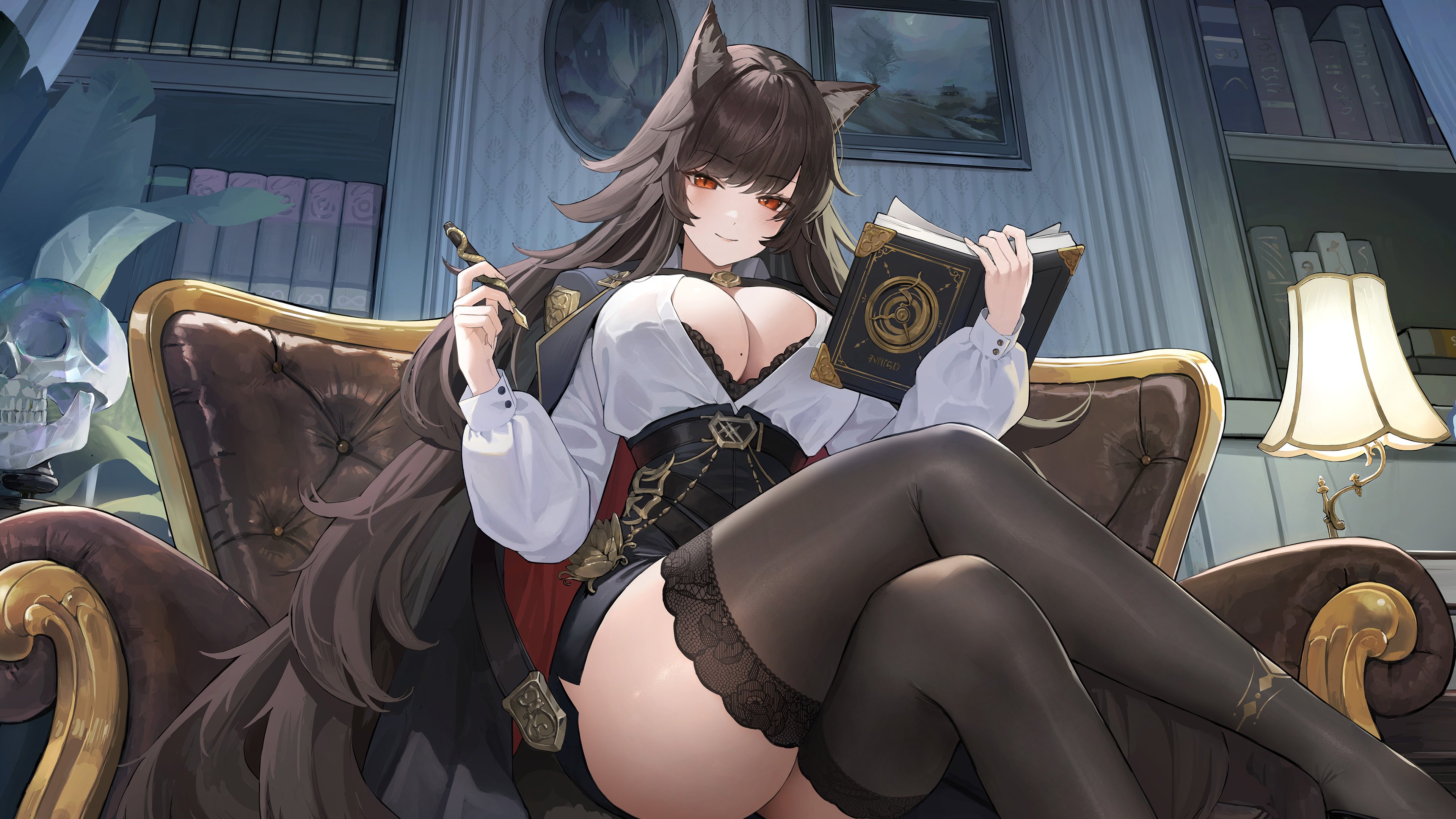 echocalypse, absurdres, artist request, highres, official art, 1girl, animal ear fluff, animal ears, black bra, black jacket, black skirt, book, bookshelf, bra, bra peek, breasts, brown hair, chair, closed mouth, crossed legs, high-waist skirt, holding, holding book, holding pen, jacket, jacket on shoulders, kleona (echocalypse), lamp, large breasts, long hair, long sleeves, mole, mole on breast, on chair, open book, pen, shirt, sitting, skirt, skull, solo, thighhighs, underwear, white shirt