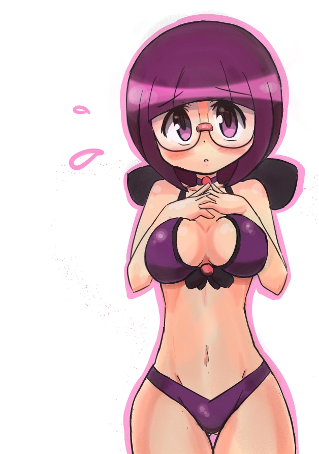 borokuro, shauntal (pokemon), nintendo, pokemon, pokemon bw, 1girl, bikini, blunt bangs, blush, bob cut, bow, breasts, choker, cleavage, glasses, large bow, medium breasts, neck pillow, own hands together, purple bikini, purple choker, purple eyes, purple hair, raised eyebrows, round eyewear, short hair, swimsuit