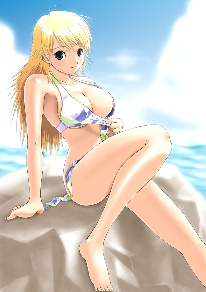 hitsukirai, hoshii miki, idolmaster, idolmaster (classic), idolmaster 1, 00s, 1girl, bare shoulders, barefoot, bikini, blonde hair, breasts, cleavage, cloud, day, feet, female focus, front-tie top, large breasts, long hair, nipple slip, nipples, ocean, outdoors, rock, side-tie bikini bottom, sky, solo, swimsuit