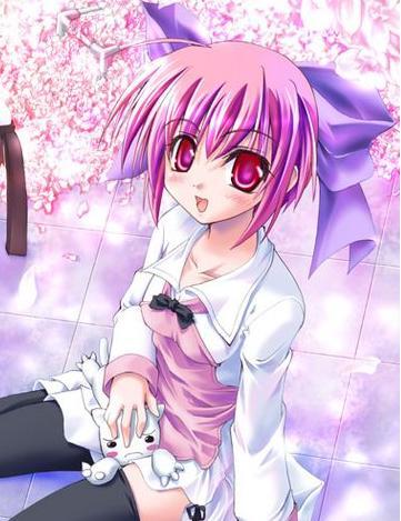 lowres, blush, chibi cat, hair ribbon, open mouth, pink hair, red eyes, ribbon, short hair, sitting, thighhighs
