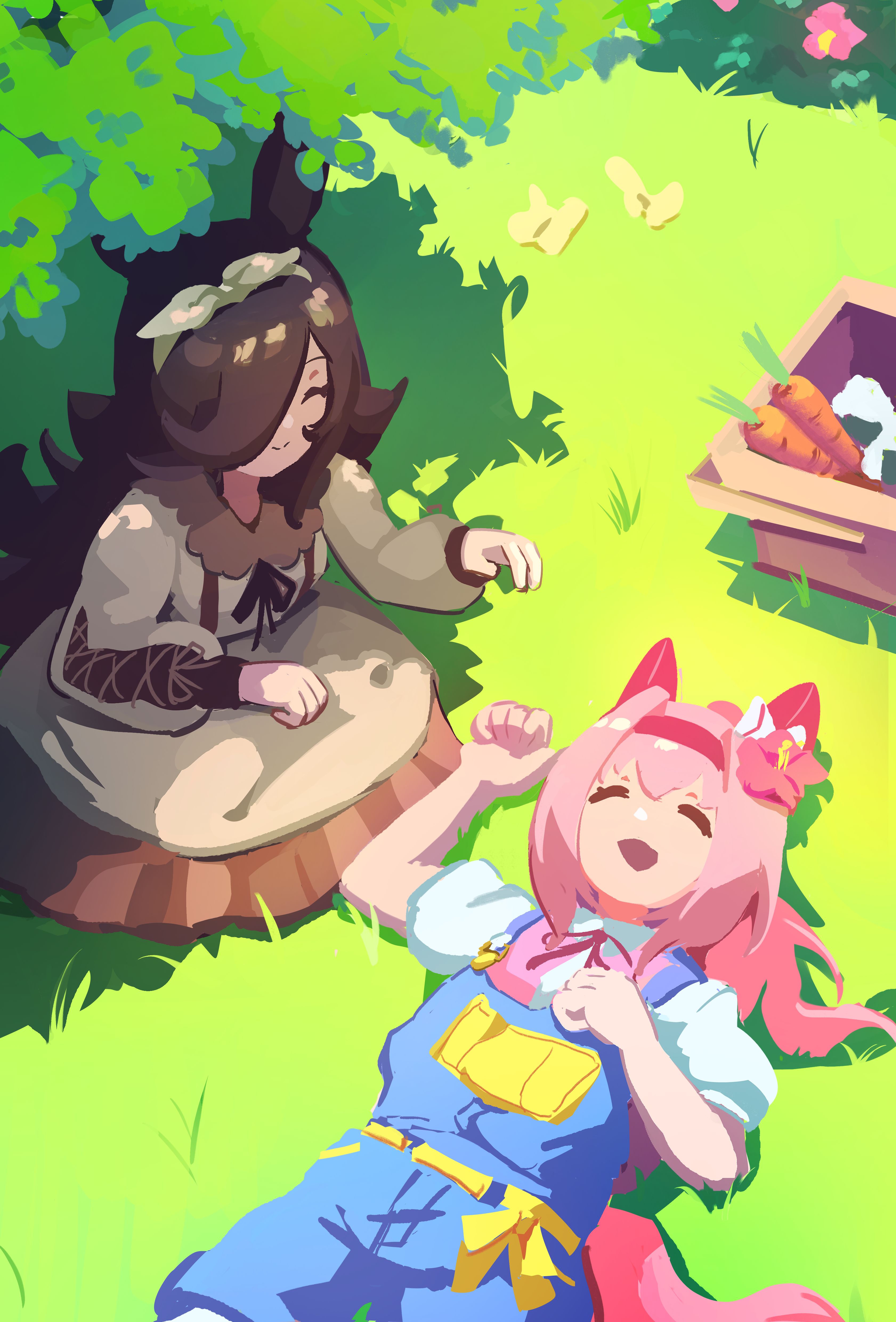 ago (owenanaken), haru urara (casual) (umamusume), haru urara (umamusume), rice shower (casual) (umamusume), rice shower (umamusume), umamusume, absurdres, highres, 2girls, animal ears, blue overalls, bow, bow hairband, brown dress, brown hair, brown ribbon, bug, butterfly, carrot, casual, closed eyes, closed mouth, collared dress, day, dress, ear bow, ear covers, flipped hair, flower, food, grass, hair flower, hair ornament, hair over one eye, hairband, headband, horse ears, horse girl, horse tail, insect, long hair, long sleeves, lying, multiple girls, official alternate costume, on back, onigiri, open mouth, outdoors, overall shorts, overalls, picnic basket, pink hair, pink headband, pink shirt, ponytail, red headband, ribbon, shirt, short sleeves, sitting, smile, tail, tree, white hairband