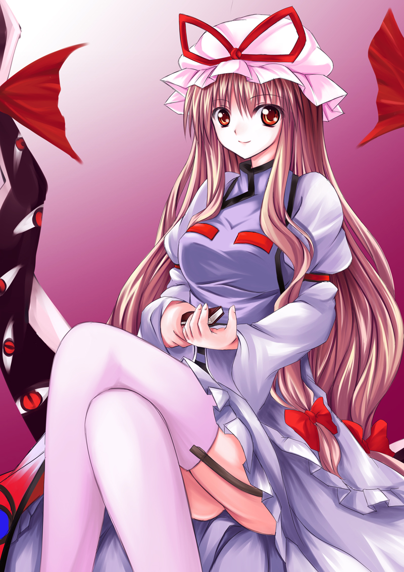 utakata (kochou no yume), yakumo yukari, touhou, bad id, bad pixiv id, 1girl, blonde hair, bow, crossed legs, dress, female focus, folding fan, gap (touhou), garter belt, garter straps, hand fan, hat, hat ribbon, long hair, red eyes, ribbon, sitting, solo, tareme, thighhighs, white thighhighs