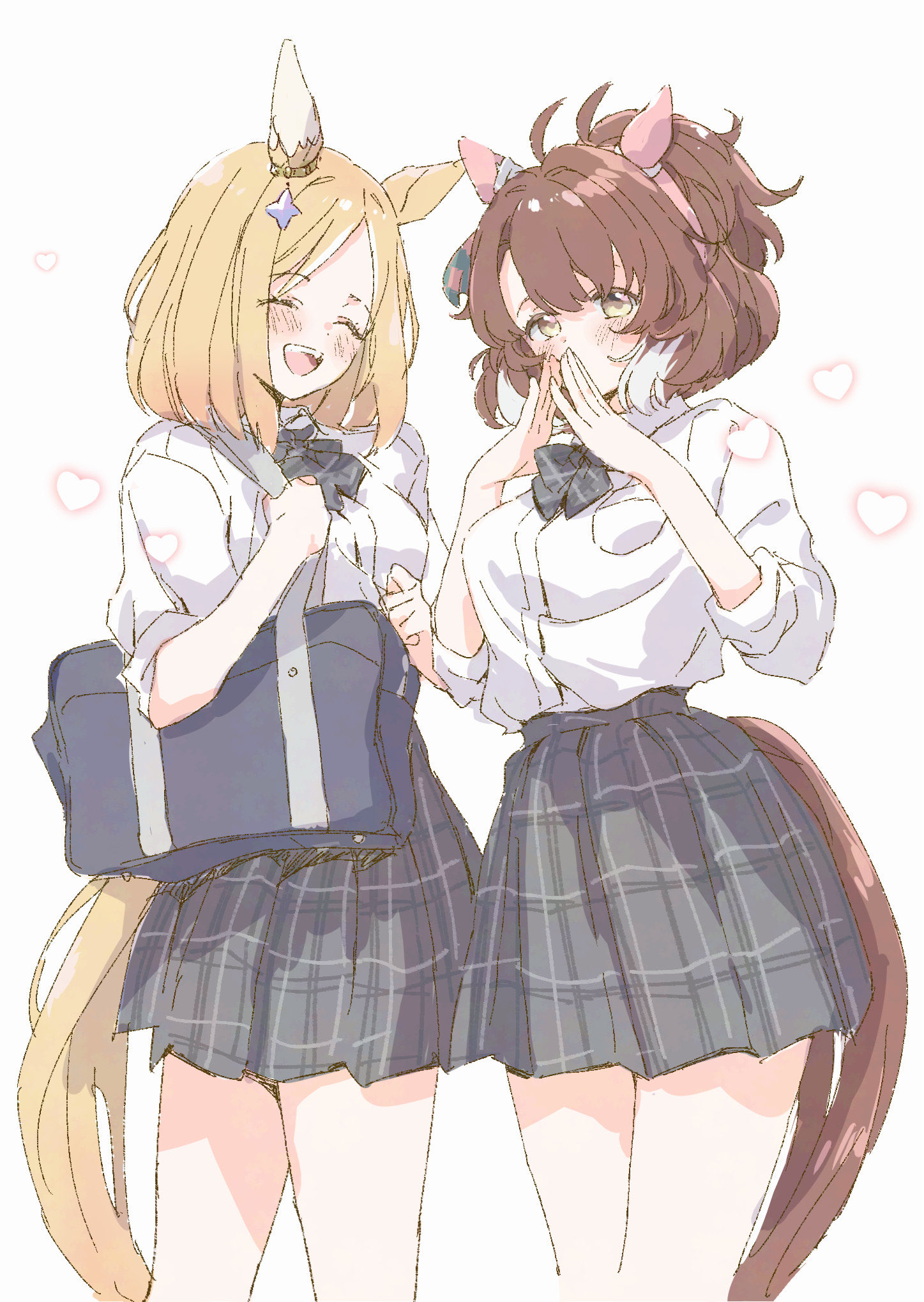 yoiisand, dantsu flame (umamusume), narita top road (umamusume), umamusume, highres, 2girls, ahoge, animal ears, bag, blonde hair, blush, bow, breasts, brown eyes, brown hair, checkered ribbon, closed eyes, closed mouth, collared shirt, ear covers, ear ornament, ear ribbon, grey bow, grey skirt, hair between eyes, heart, horse ears, horse girl, horse tail, long sleeves, multicolored hair, multiple girls, open mouth, school bag, school uniform, shirt, short hair, shoulder bag, simple background, single ear cover, skirt, smile, tail, white background, white hair, white shirt