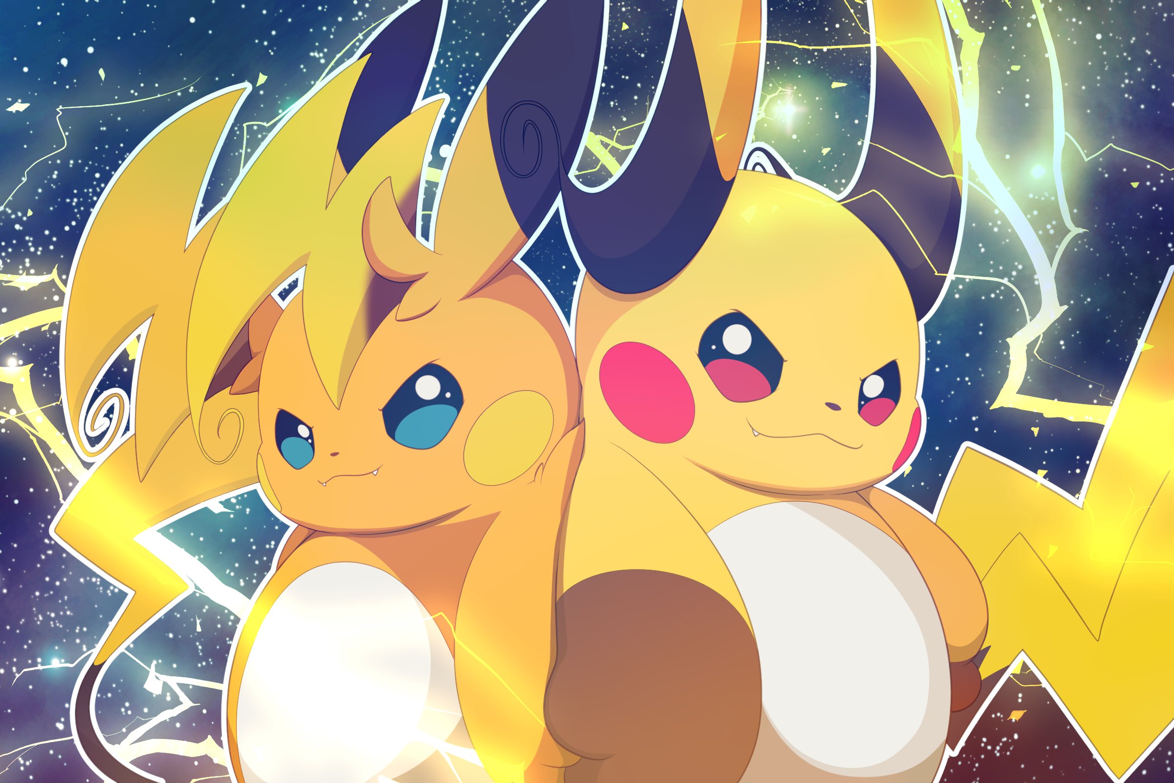 hirochanu0807, mega raichu x, mega raichu y, raichu, nintendo, pokemon, commentary, highres, brown eyes, closed mouth, electricity, fang, fangs, gen 1 pokemon, mega pokemon, no humans, orange fur, pokemon (creature), pokemon focus, red eyes, tail, very long ears, yellow fur