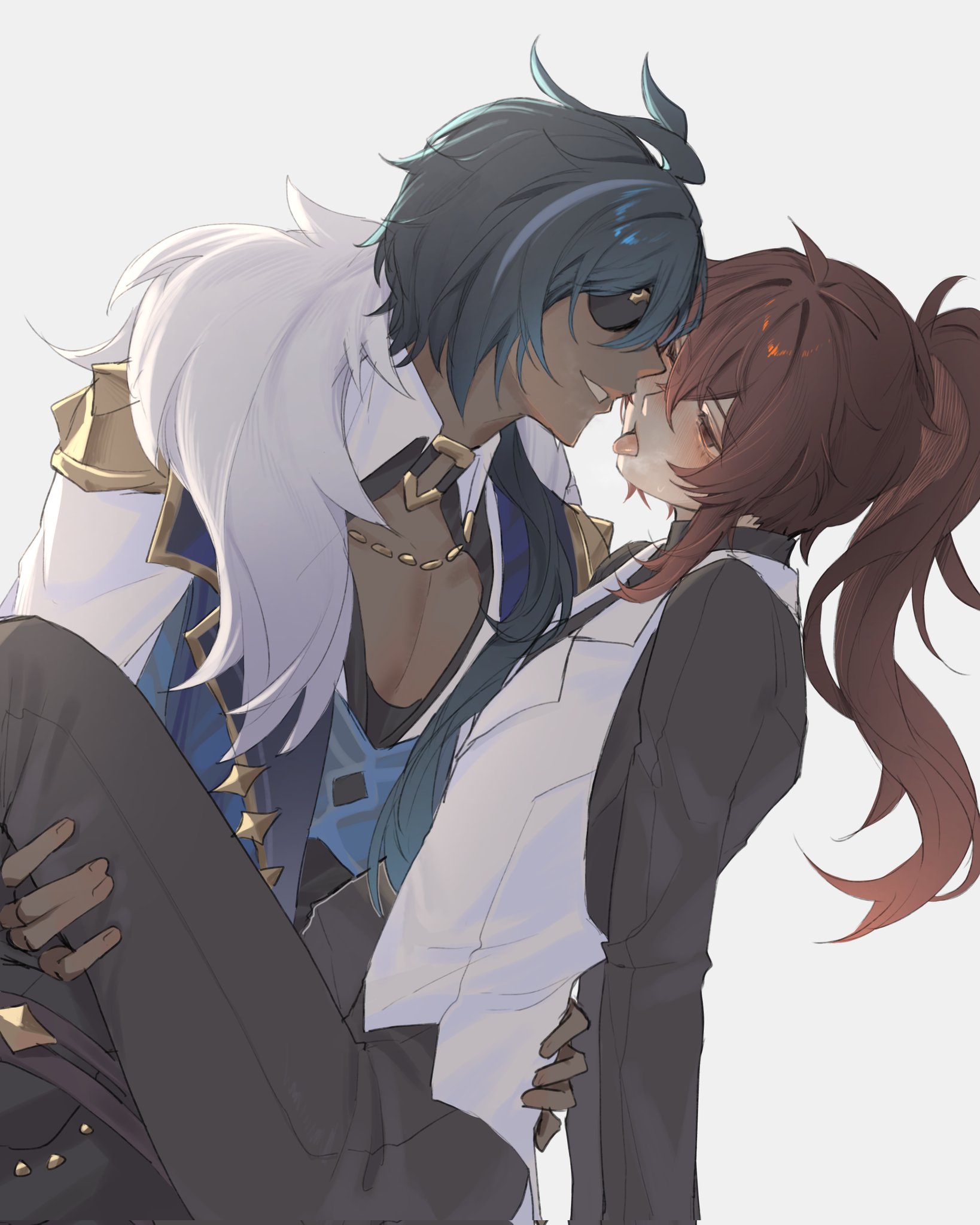zehuij, diluc (genshin impact), kaeya (genshin impact), genshin impact, highres, 2boys, blue hair, blush, dark-skinned male, dark skin, eyepatch, hair between eyes, high ponytail, inseki, long hair, male focus, multiple boys, pectoral cleavage, pectorals, ponytail, red eyes, red hair, short hair, simple background, step-siblings, teeth, tongue, tongue out, white background, yaoi