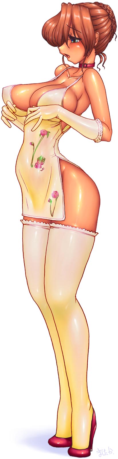mashitaka, highres, long image, tall image, 1girl, blue eyes, breasts, brown hair, center opening, china dress, chinese clothes, cleavage, collar, dress, female focus, full body, gloves, gradient background, high heels, huge breasts, open mouth, shoes, side slit, sideboob, solo, thighhighs, white thighhighs