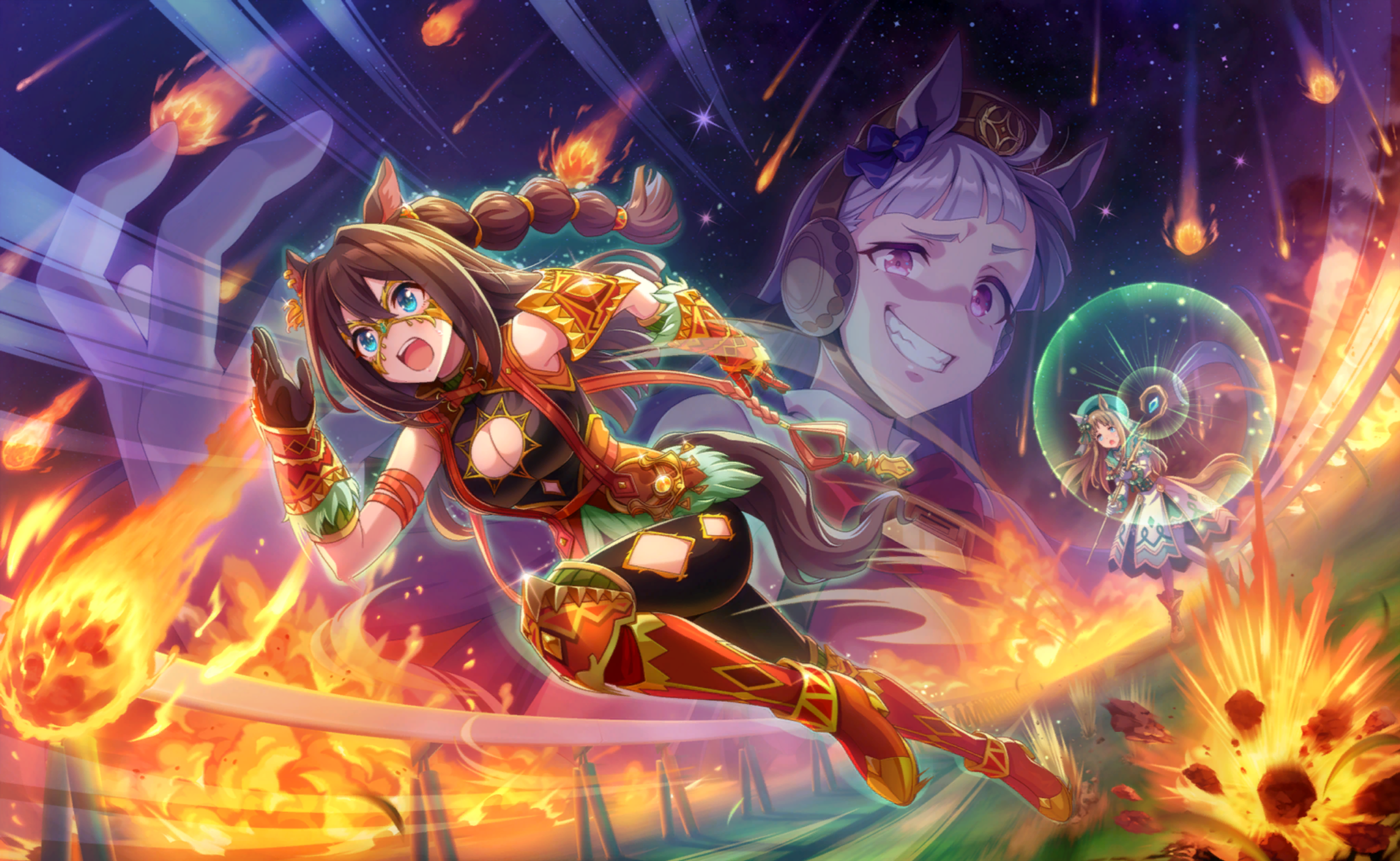 el condor pasa (kukulkan warrior) (umamusume), el condor pasa (umamusume), gold ship (red strife) (umamusume), gold ship (umamusume), grass wonder (saintly jade cleric) (umamusume), grass wonder (umamusume), umamusume, artist request, game cg, highres, official art, 3girls, animal ear piercing, animal ears, arm ribbon, armor, armored boots, bare arms, bare shoulders, beret, black bodysuit, black gloves, black pantyhose, blue bow, blunt bangs, bodysuit, boots, bow, bowtie, bracer, breasts, brown boots, brown hair, brown hat, capelet, cleavage, cleavage cutout, clothing cutout, collared dress, corset, crazy eyes, determined, diamond cutout, dress, dutch angle, ear bow, earmuffs, evil grin, evil smile, eyelashes, fang, feather-trimmed corset, feather hair ornament, feathers, fire, furrowed brow, gloves, glowing, green capelet, green hat, grey hair, grin, hair between eyes, hair ornament, hat, high heel boots, high heels, holding, holding staff, horse ears, horse girl, horse tail, knee boots, knee pads, knee up, large breasts, light particles, long hair, looking at another, magic, medium dress, meteor shower, motion lines, multiple girls, multiple piercings, night, night sky, official alternate costume, open mouth, orange boots, orange ribbon, outdoors, outstretched hand, pantyhose, pauldrons, pleated dress, projected inset, purple eyes, racing, red bow, red bowtie, red dress, ribbon, running, shoulder armor, sidelocks, single pauldron, sky, sleeveless, sleeveless bodysuit, sleeveless dress, smile, speed lines, staff, star (sky), starry sky, straight hair, tail, teeth, thick eyebrows, thigh cutout, track and field, tree, turtleneck, turtleneck bodysuit, upper teeth only, very long hair, white dress, white gloves, wrestling mask, yellow corset, yellow mask