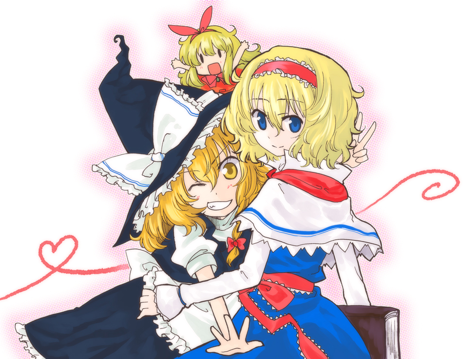 myama, alice margatroid, kirisame marisa, touhou, bad id, bad pixiv id, 2girls, blonde hair, blue eyes, book, capelet, doll, female focus, hairband, hat, heart, multiple girls, short hair, v, wink, yellow eyes
