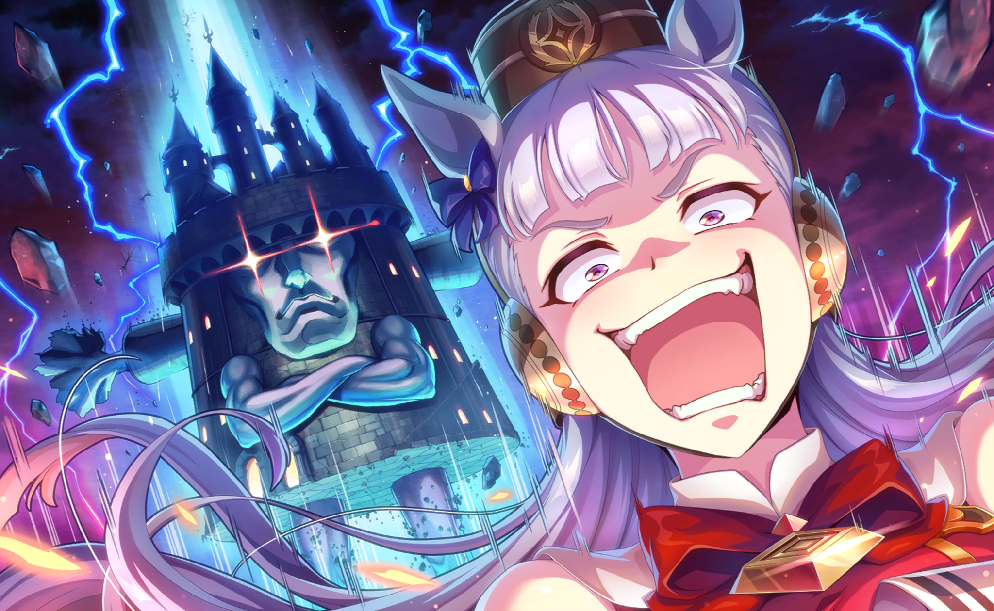 gold ship (red strife) (umamusume), gold ship (umamusume), umamusume, artist request, game cg, highres, official art, 1girl, ^^^, animal ears, bare shoulders, beret, blue bow, blunt bangs, bow, bowtie, brown hat, castle, cloud, cloudy sky, collared dress, debris, dress, ear bow, earmuffs, electricity, evil smile, eyelashes, furrowed brow, glowing, grey hair, hat, horse ears, horse girl, laughing, light particles, long hair, outdoors, pink eyes, red bow, red bowtie, red dress, sky, sleeveless, sleeveless dress, smile, solo, storm, teeth, upper body, very long hair, wavy hair, wide-eyed