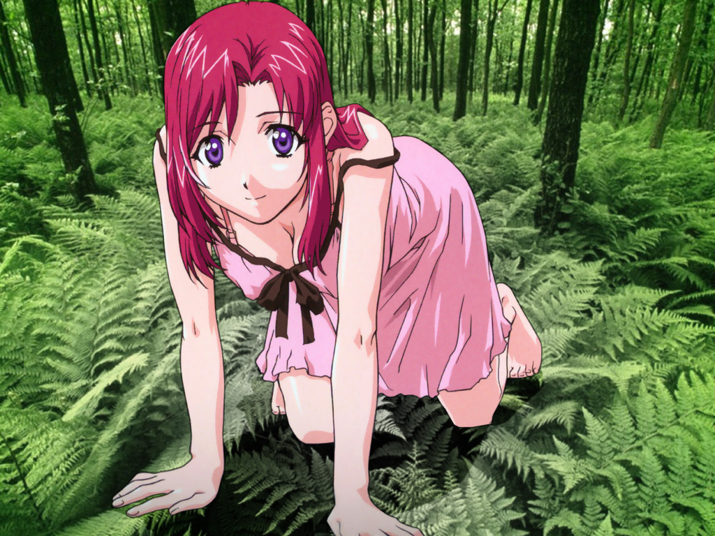 kazami mizuho, onegai teacher, 00s, breasts, cleavage, crawling, feet, long hair, purple eyes, red hair, smile