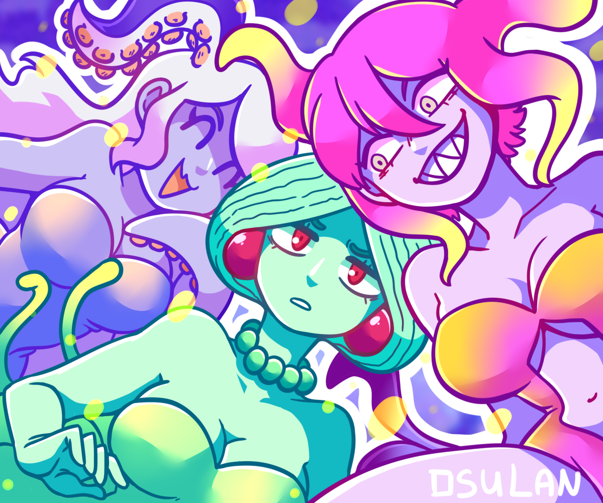 osulan, marina (omori), medusa (omori), molly (omori), omori, 3girls, artist name, bare shoulders, blonde hair, blue skin, breasts, brown eyes, cleavage, closed eyes, collarbone, colored skin, earrings, gradient hair, green hair, green skin, grin, jewelry, large breasts, long hair, looking at viewer, multicolored hair, multiple girls, navel, necklace, open mouth, parted lips, pink hair, purple skin, red eyes, sharp teeth, short hair, smile, teeth, tentacle hair, two-tone hair, white hair