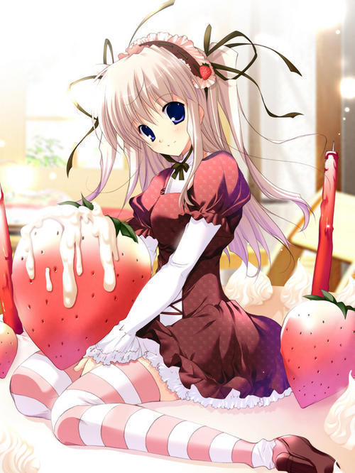 blouse, blue eyes, blush, candle, cream, food, fruit, hair ribbon, long hair, ribbon, shirt, sitting, smile, strawberry, white hair
