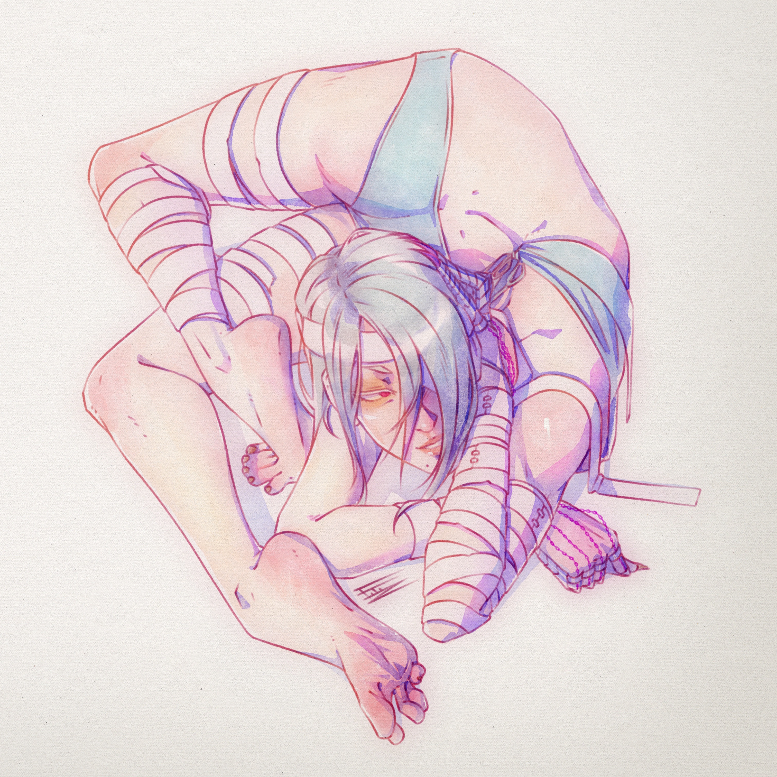 levidu99, a.k.i. (street fighter), street fighter, street fighter 6, absurdres, highres, 1girl, ass, bandaged arm, bandaged leg, bandages, bikini, contortion, eyepatch, feet, flexible, grey hair, hair over one eye, mole, mole under mouth, official alternate costume, red eyes, short hair, smile, solo, swimsuit