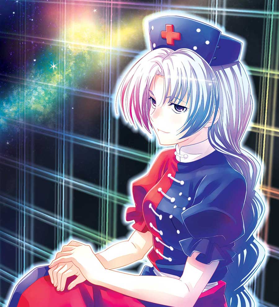 sakino shingetsu, yagokoro eirin, touhou, silver hair, commentary request, 1girl, braid, closed mouth, constellation print, cross, female focus, frilled sleeves, frills, half-closed eyes, hat, long hair, nurse cap, outline, parted bangs, puffy short sleeves, puffy sleeves, purple eyes, short sleeves, single braid, sitting, smile, solo, space