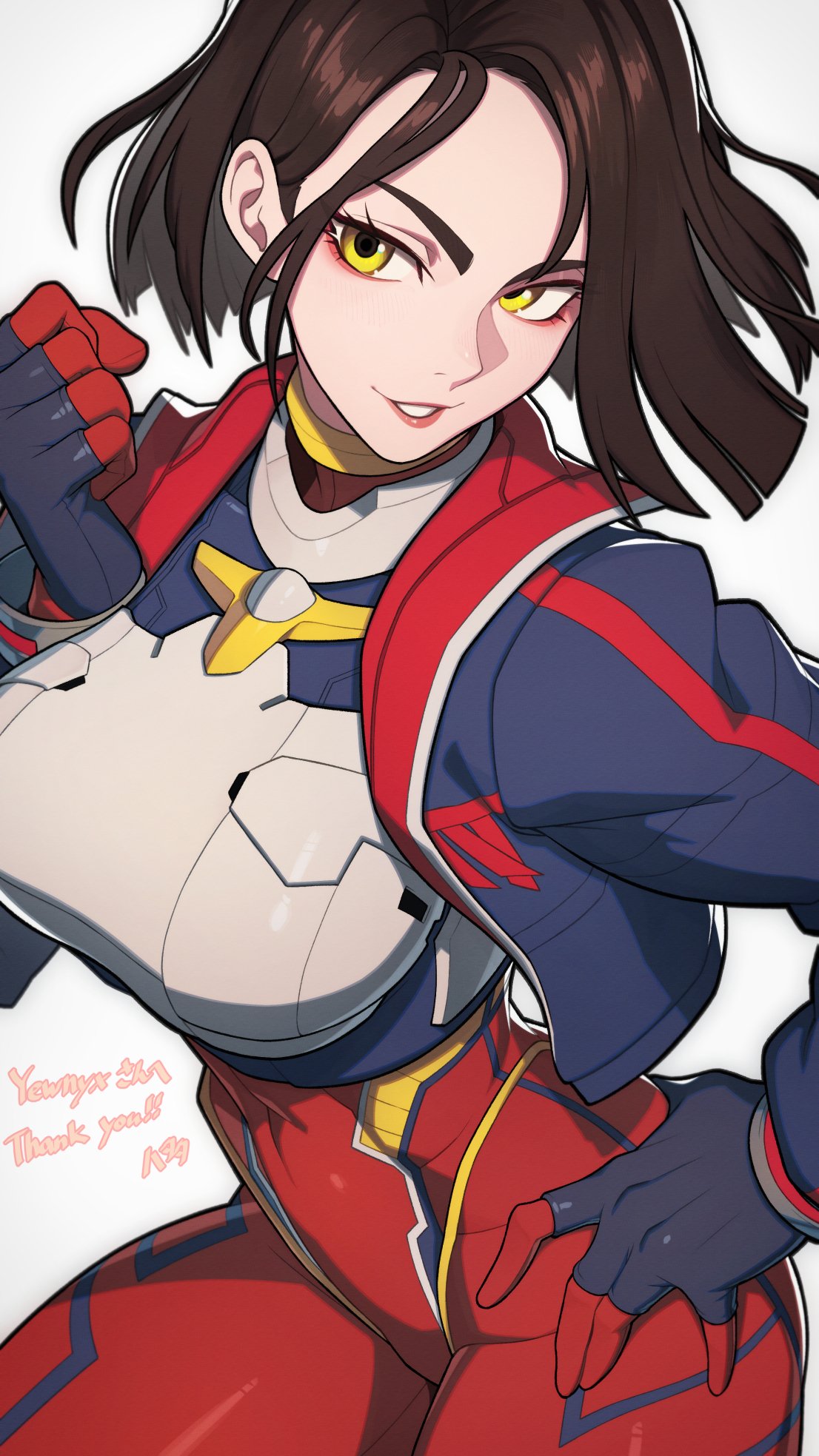 hata4564, original, commission, highres, skeb commission, 1girl, black jacket, bodysuit, breasts, brown hair, chest guard, clenched hand, cowboy shot, eyeliner, hand on own hip, hand up, jacket, large breasts, makeup, mecha pilot suit, open clothes, open jacket, parted lips, red bodysuit, red eyeliner, short hair, simple background, solo, white background, yellow eyes