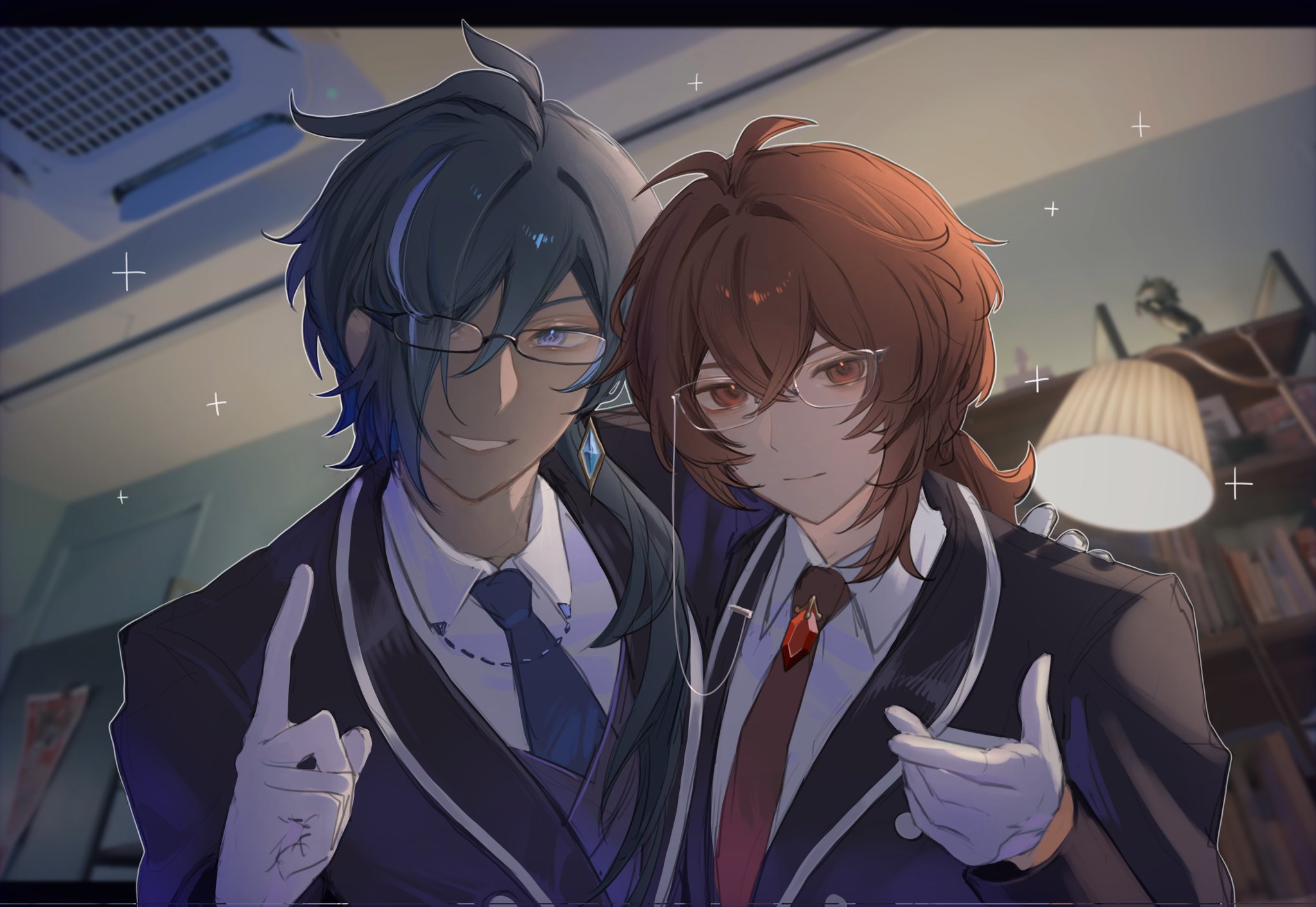 zehuij, diluc (genshin impact), kaeya (genshin impact), genshin impact, commentary, english commentary, highres, 2boys, alternate costume, blue necktie, closed mouth, glasses, gloves, hair between eyes, hair over one eye, index finger raised, long sleeves, looking at viewer, male focus, multiple boys, necktie, red eyes, red hair, red necktie, smile, spanked, step-siblings, teeth, upper body, white gloves