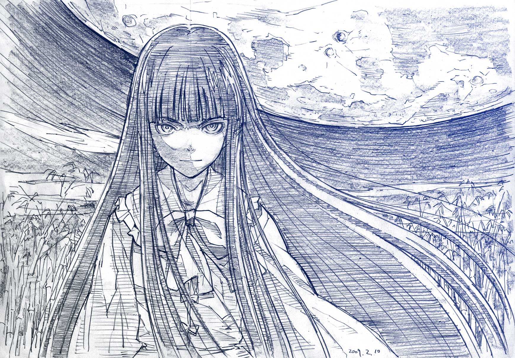 sakino shingetsu, houraisan kaguya, touhou, highres, traditional media, 1girl, bamboo, bamboo forest, blue theme, blunt bangs, female focus, forest, glaring, long hair, monochrome, moon, nature, sketch, solo, staring, very long hair