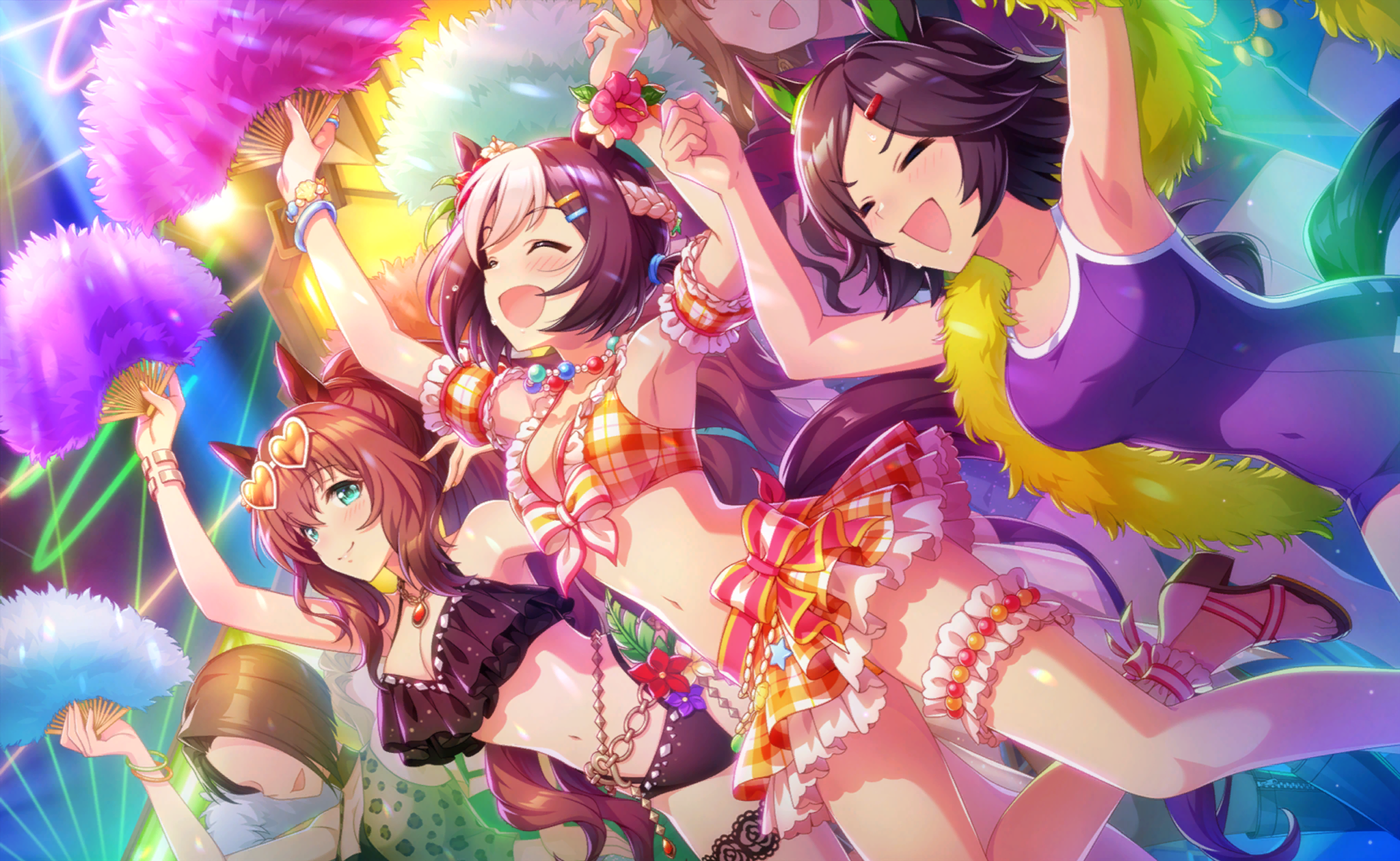 maruzensky (hot summer night) (umamusume), maruzensky (umamusume), special week (hopp'n happy heart) (umamusume), special week (umamusume), winning ticket (umamusume), umamusume, artist request, game cg, highres, official art, 3girls, ^ ^, animal ears, ankle bow, ankle ribbon, bare arms, bare shoulders, bead necklace, beads, bikini, bikini skirt, black bikini, black hair, blue one-piece swimsuit, bow, bow bikini, bracelet, braid, breasts, brown hair, brown sandals, censored, chain, closed eyes, covered navel, cowboy shot, dancing, dutch angle, eyewear on head, feet out of frame, floral print, flower, flower bracelet, folding fan, frilled anklet, frilled bikini, frilled thigh strap, frills, fur shawl, gold bracelet, gold chain, green shawl, hair between eyes, hair ornament, hair tie, hairclip, half up braid, hand fan, happy, heart, heart-shaped eyewear, hibiscus, high heel sandals, holding, holding fan, horse ears, indoors, jewelry, jumping, lace thigh strap, large breasts, light particles, light rays, long hair, medium breasts, multicolored hair, multiple girls, navel, necklace, official alternate costume, one-piece swimsuit, orange-tinted eyewear, orange bikini, pendant, pink bow, pink flower, plaid bikini, plaid clothes, ponytail, purple flower, red flower, ribbon, rose print, sandals, shawl, short side ponytail, single stripe, stomach, streaked hair, striped bow, sunglasses, swimsuit, thigh strap, tinted eyewear, toes, tracen swimsuit, two-tone hair, very long hair, white-framed eyewear, white bow, white hair