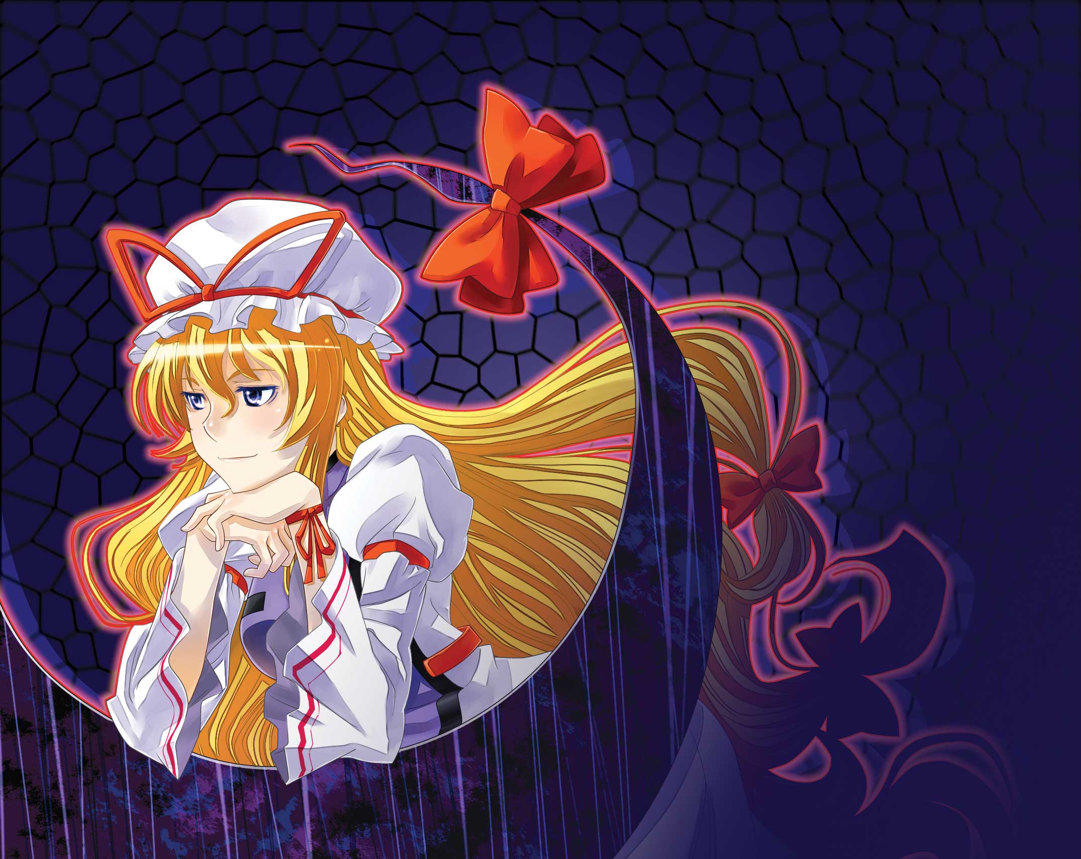 sakino shingetsu, yakumo yukari, touhou, commentary request, highres, 1girl, blonde hair, dress, female focus, gap (touhou), hat, long hair, ribbon, solo