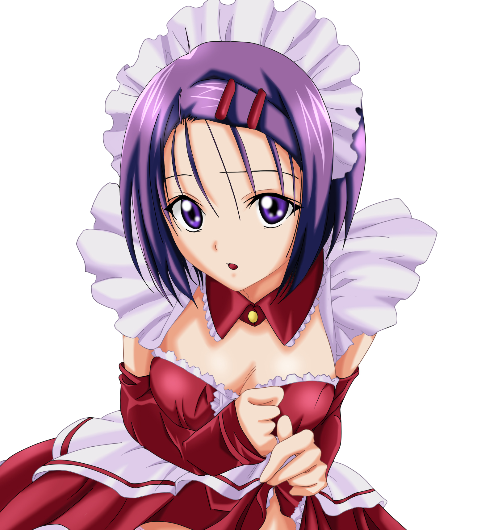 sairenji haruna, to love-ru, highres, 00s, maid, purple eyes, purple hair, short hair, skirt, solo, waitress