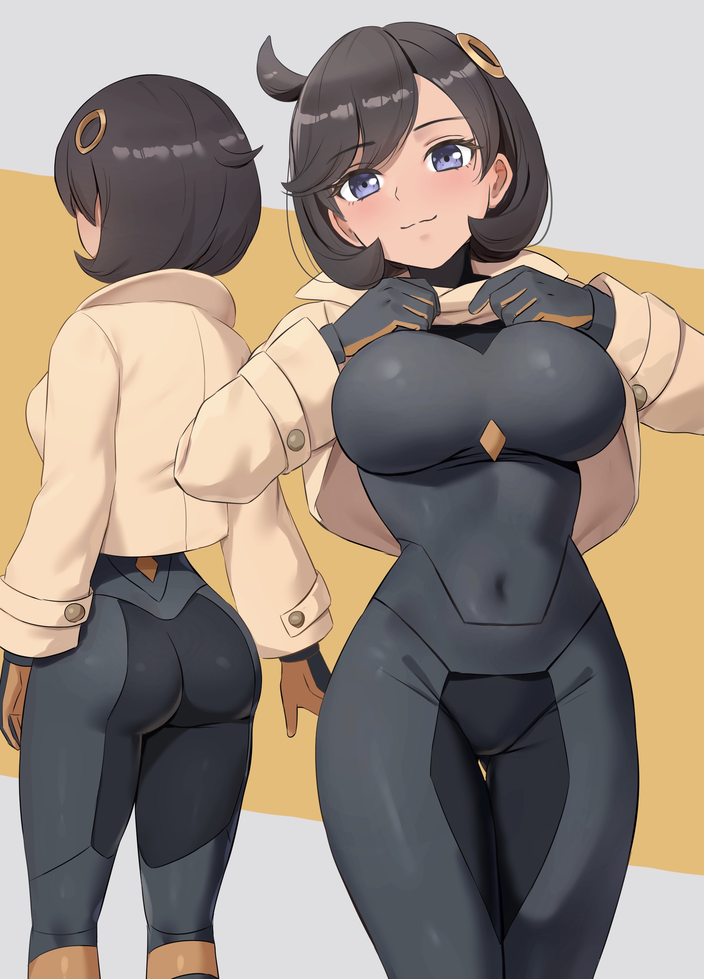 amayo thranana, emma (pokemon), nintendo, pokemon, pokemon legends: z-a, absurdres, commentary request, highres, paid reward available, 1girl, ass, black bodysuit, black hair, blue eyes, bodysuit, breasts, closed mouth, clothes lift, dark-skinned female, dark skin, hair ornament, jacket, jacket lift, large breasts, lifting own clothes, multiple views, short hair, side ahoge, skin tight