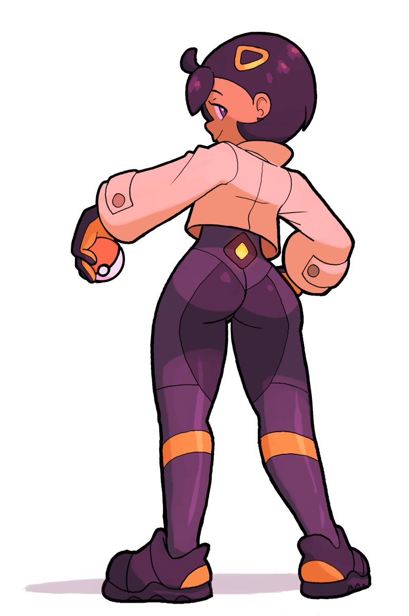 eversmithi, emma (pokemon), nintendo, pokemon, pokemon legends: z-a, highres, 1girl, ass, black bodysuit, black hair, bodysuit, bodysuit under clothes, brown jacket, closed mouth, dark-skinned female, dark skin, full body, gloves, hair ornament, holding, holding poke ball, jacket, latex, latex bodysuit, looking at viewer, looking back, orange gloves, poke ball, poke ball (basic), purple eyes, short hair, simple background, smile, solo, white background