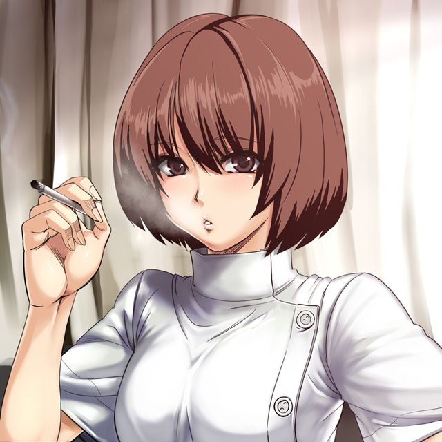 nyamota, bad id, bad pixiv id, 1girl, breasts, brown eyes, brown hair, cigarette, female focus, holding, lips, nurse, short hair, smoking, solo, teeth
