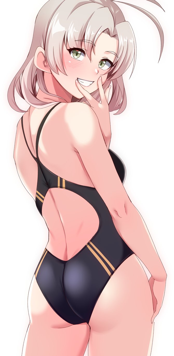 tirasi (so), kinugasa (kancolle), kinugasa kai ni (kancolle), kantai collection, highres, 1girl, antenna hair, ass, black one-piece swimsuit, breasts, competition swimsuit, cowboy shot, green eyes, grey hair, long hair, looking at viewer, looking back, medium breasts, one-piece swimsuit, simple background, smile, solo, swimsuit, white background
