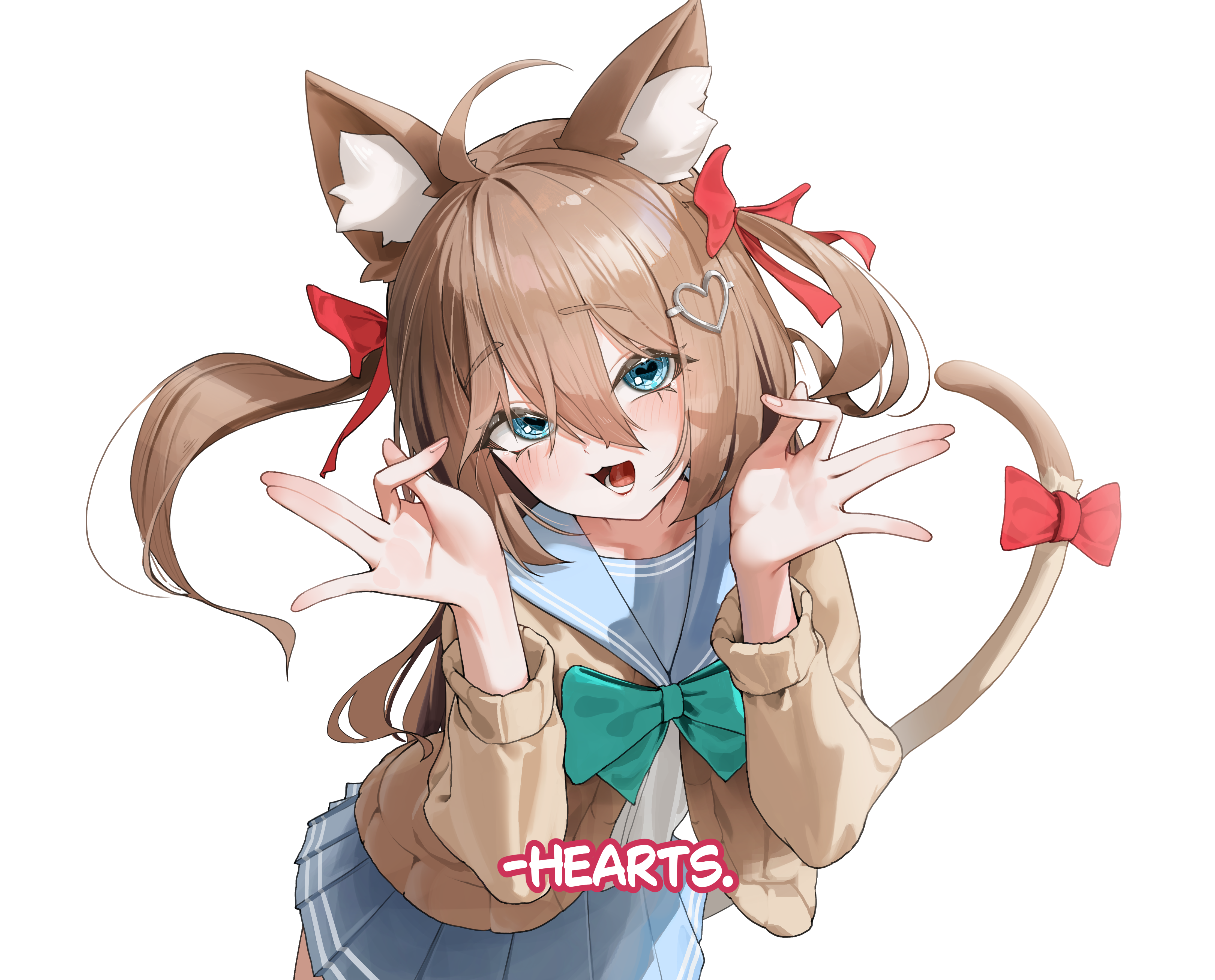 tagua, neuro-sama, absurdres, commentary, highres, symbol-only commentary, 1girl, ahoge, animal ears, aqua bow, aqua bowtie, blue eyes, blue sailor collar, blue skirt, bow, bowtie, brown hair, cardigan, cat ears, cat girl, cat tail, english text, hair between eyes, hair ribbon, heart, heart-shaped pupils, long hair, long sleeves, miniskirt, open mouth, pleated skirt, red ribbon, ribbon, sailor collar, simple background, skirt, solo, symbol-shaped pupils, tail, two side up, upper body, vedal ai, white background, yellow cardigan