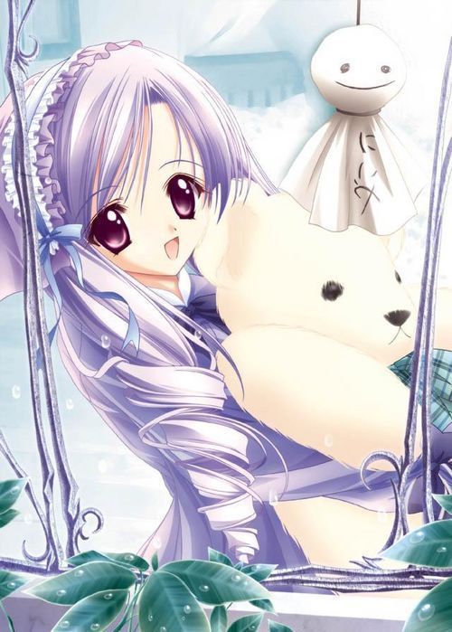 blouse, curly hair, long hair, open mouth, purple hair, red eyes, shirt, smile, stuffed animal, stuffed toy, teddy bear