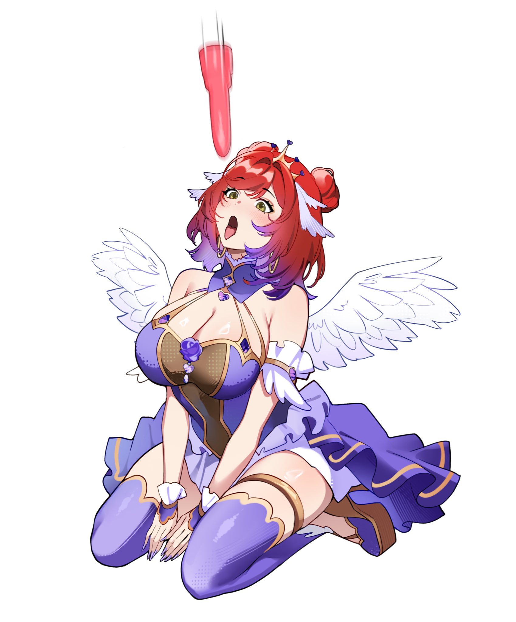 sakichka, elle (vtuber), indie virtual youtuber, falling object, highres, 1girl, breasts, cleavage, colored tips, dildo, double bun, dress, feathered wings, gold thighlet, gold tiara, green eyes, hair bun, head wings, heart-shaped gem, high heels, jewelry, kneeling, large breasts, motion blur, multicolored hair, open mouth, purple dress, purple hair, purple nails, purple thighhighs, red hair, sex toy, solo, thighhighs, thighlet, tiara, tongue, tongue out, virtual youtuber, white wings, wings