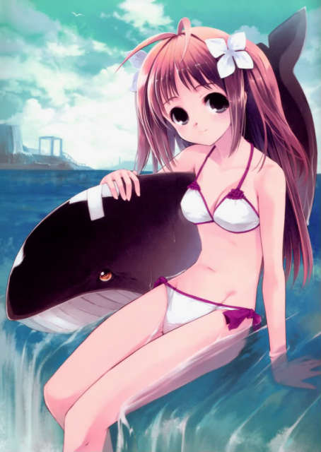 bikini, blush, bra, breasts, brown hair, cleavage, flower, lingerie, long hair, narrow waist, sitting, swimsuit, thighhighs, underwear, whale