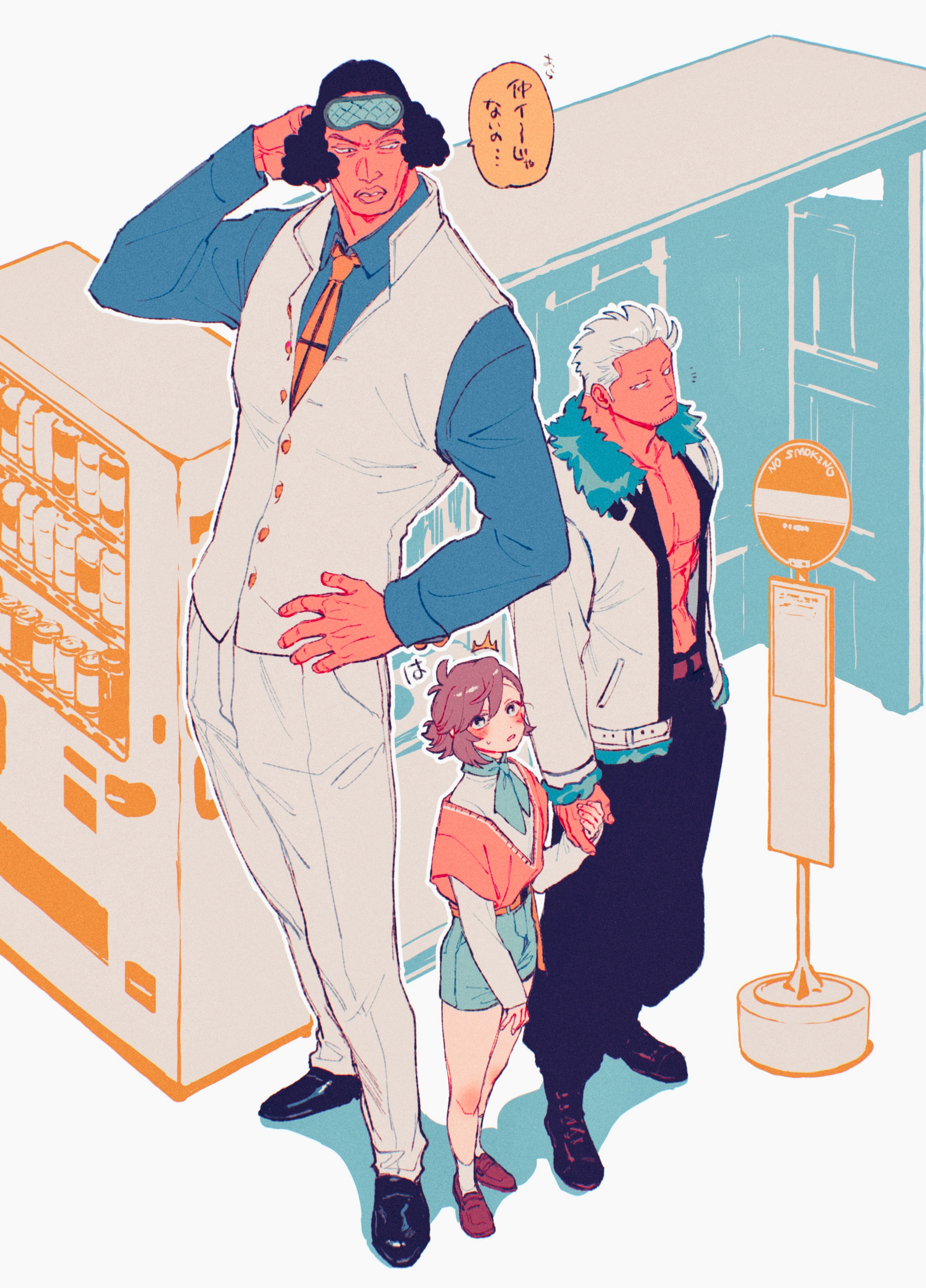 kabane (rjev8385), aokiji (one piece), smoker (one piece), one piece, absurdres, commentary request, highres, translation request, 1girl, 2boys, ^^^, antenna hair, arm up, belt, black hair, black pants, black shoes, blue neckerchief, blue shirt, blue shorts, brown belt, brown shoes, bus stop, bus stop shelter, bus stop sign, buttons, closed mouth, collared shirt, eye mask, full body, fur-trimmed jacket, fur-trimmed sleeves, fur trim, grey hair, hand on own hip, height difference, holding hands, jacket, long sleeves, looking at another, looking up, mask, mask on head, multiple boys, neckerchief, necktie, no shirt, notice lines, oc x canon, open clothes, open jacket, orange jacket, pants, partially unbuttoned, scratching head, shirt, shoes, short hair, shorts, socks, speech bubble, standing, tall male, thick lips, vending machine, vest, waistcoat, white background, white hair, white pants, white shirt, white socks, white vest, yellow necktie