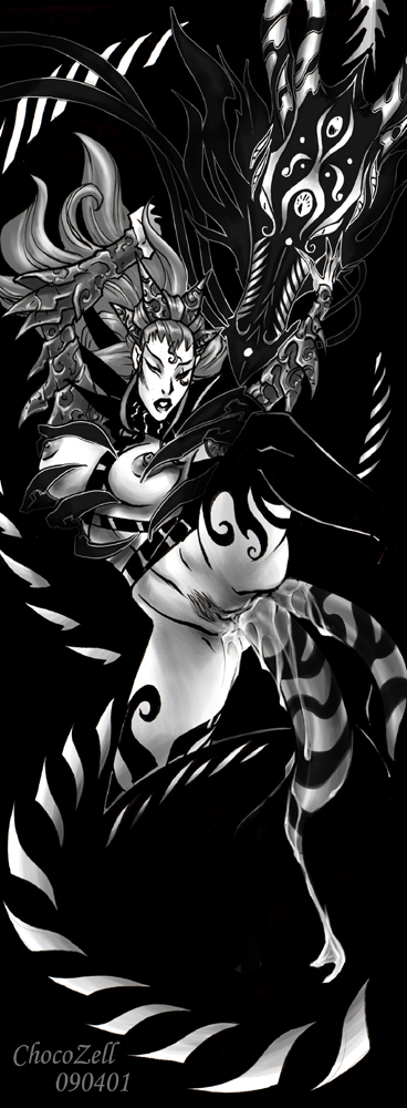 chocozell, ebon dragon, scarlet empress, exalted, exalted rpg, official art, 1girl, anal, bdsm, bestiality, black background, bondage, boots, bound, breasts, claws, cum, double penetration, dragon, dragonblooded, fingernails, hair ornament, headdress, horns, interspecies, large breasts, leg up, long fingernails, long hair, makeup, monochrome, multiple penetration, nipples, penis, pubic hair, pussy, sex, simple background, spread legs, tabletop rpg, tail, thigh boots, thighhighs, thighs, third eye, uncensored, vaginal