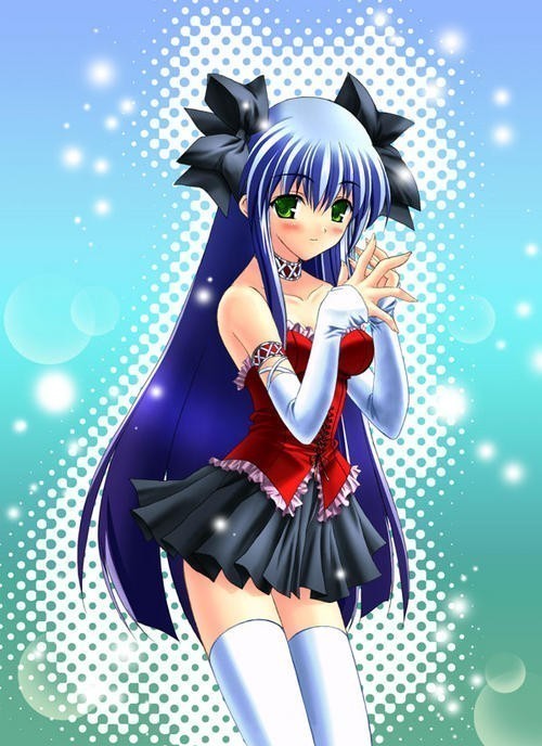 blue hair, blush, bow, choker, dress, elbow gloves, gloves, green eyes, hair bow, long hair