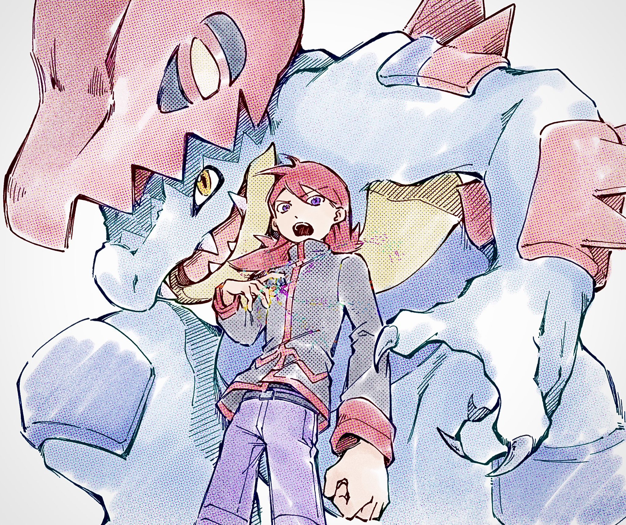 tan carbonnn, feraligatr, mega feraligatr, silver (pokemon), nintendo, pokemon, pokemon hgss, highres, 1boy, animal helmet, brooch, claws, cowboy shot, cowlick, gen 2 pokemon, glowing gem, hand on own chest, hand up, jacket, jewelry, looking at viewer, male focus, medium hair, mega pokemon, mega stone, open mouth, pants, pokemon (creature), pokemon focus, purple eyes, purple pants, red hair, sharp teeth, teeth, turtleneck, turtleneck jacket, v-shaped eyebrows