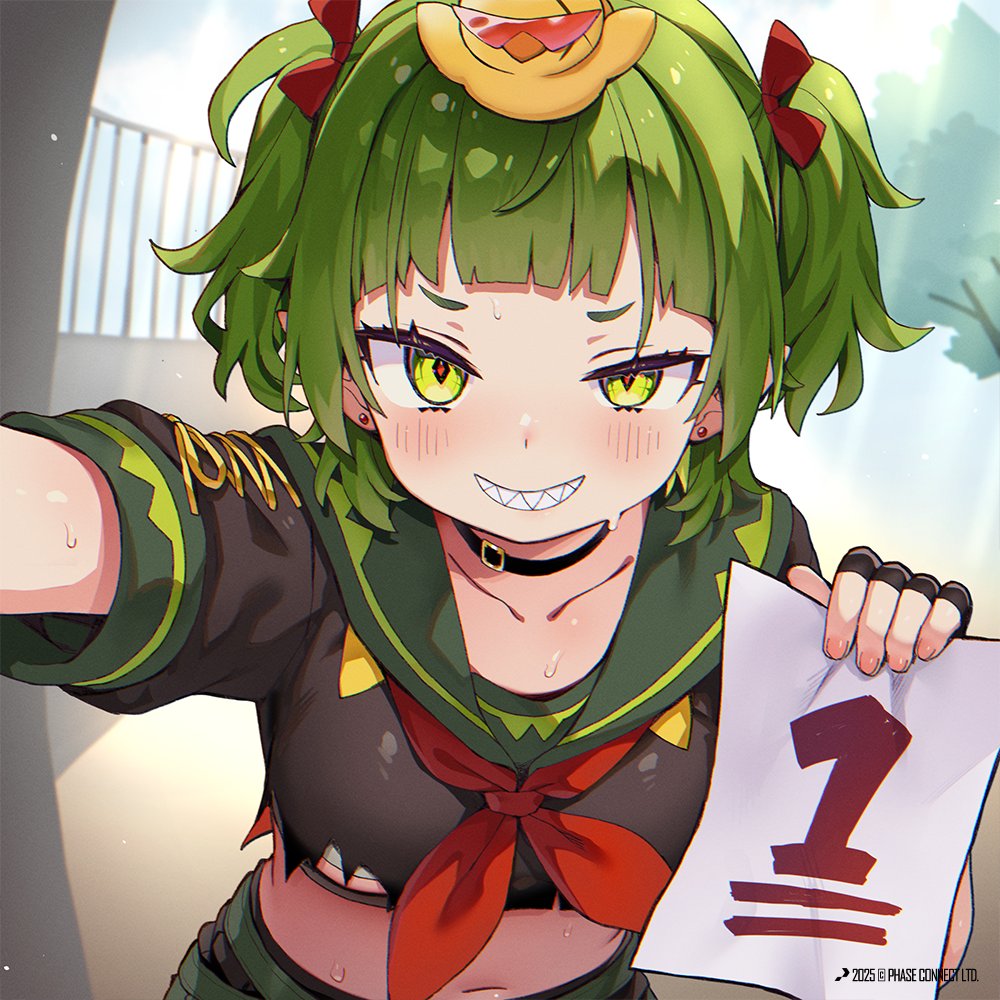 phase connect, artist request, official art, second-party source, 1girl, animal, animal on head, bird, black choker, black gloves, blush, choker, collarbone, copyright notice, diamond-shaped pupils, diamond (shape), duck, earrings, fingerless gloves, gloves, green eyes, green hair, green sailor collar, hair ribbon, holding, holding paper, jewelry, navel, neckerchief, nitya nil, on head, paper, red neckerchief, red ribbon, ribbon, sailor collar, sharp teeth, shirt, solo, sweat, symbol-shaped pupils, teeth, torn clothes, torn shirt, virtual youtuber