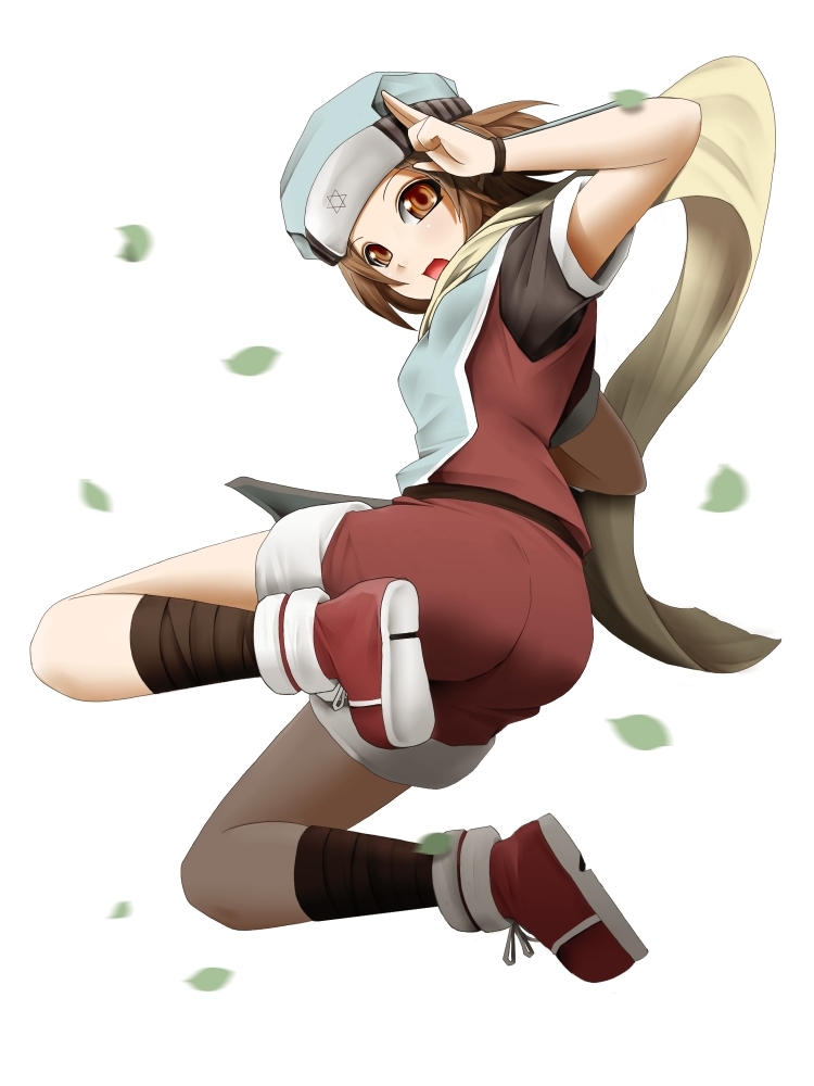 chemical-x, bad id, bad pixiv id, tagme, 1girl, brown eyes, brown hair, falling leaves, female focus, full body, leaf, motion blur, red shoes, scarf, shoes, solo, white background