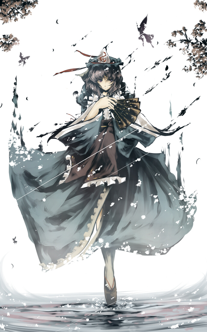 ryuu, ryuu (tsukinoyuki), saigyouji yuyuko, touhou, 1girl, dress, female focus, hand fan, hat, pink hair, short hair, solo