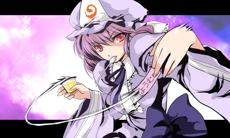 atoshi, saigyouji yuyuko, touhou, bad id, bad pixiv id, translated, 1girl, dress, female focus, food, gradient background, hat, mouth hold, pink hair, pudding, red eyes, ribbon, solo, spoon