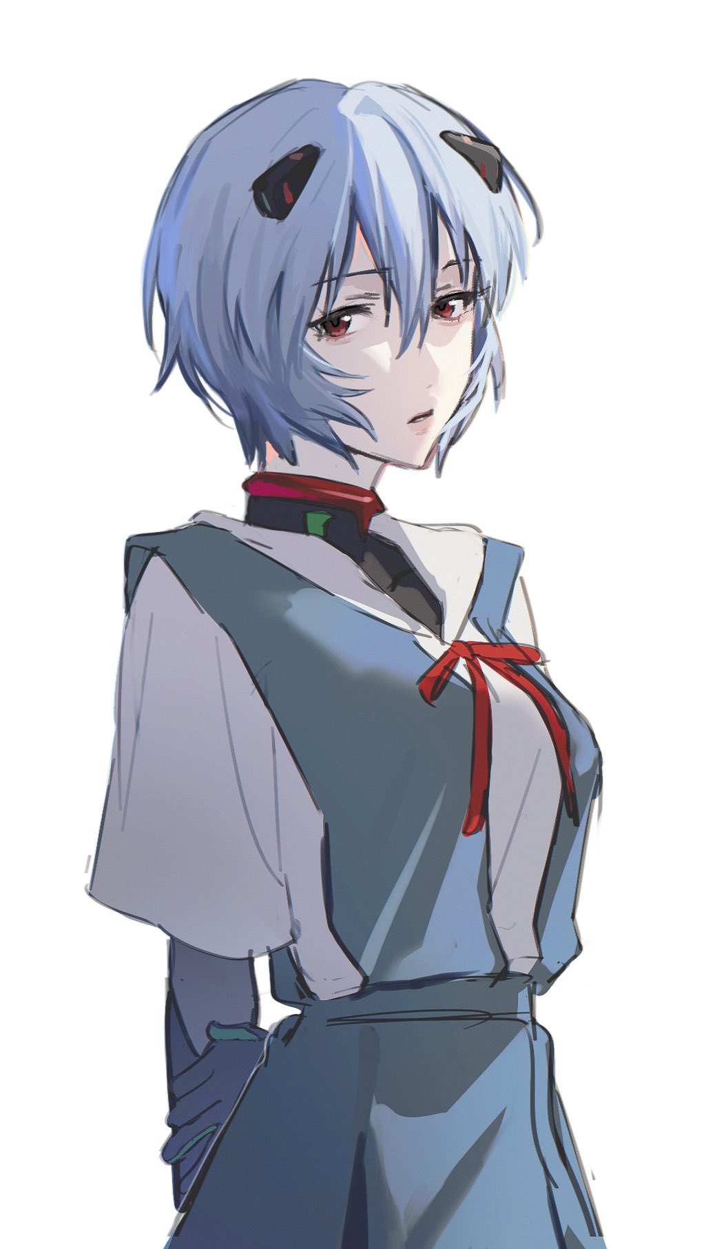 paupauuu u, ayanami rei, neon genesis evangelion, highres, 1girl, arm at side, arms behind back, black bodysuit, blue hair, blue skirt, bodysuit, bodysuit under clothes, bow, bowtie, breasts, cowboy shot, dress shirt, expressionless, eyelashes, hair between eyes, hand on own arm, holding own arm, interface headset (evangelion), layered sleeves, long sleeves, looking at viewer, looking to the side, mecha pilot suit, medium breasts, neck ribbon, pale skin, parted lips, plugsuit (evangelion), red bow, red bowtie, red eyes, red ribbon, ribbon, school uniform, shirt, short hair, short sleeves, simple background, skirt, solo, standing, suspender skirt, suspenders, tokyo-3 middle school uniform, white background, white shirt