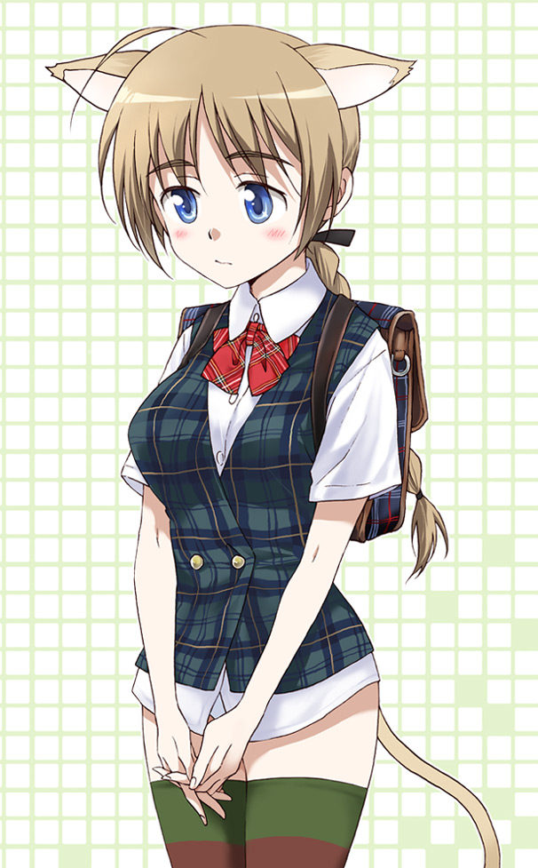 agahari, lynette bishop, strike witches, world witches series, 00s, 1girl, alternate costume, animal ears, backpack, bag, blue eyes, blush, braid, brown hair, cat ears, cat tail, female focus, randoseru, ribbon, school uniform, single braid, solo, striped clothes, striped thighhighs, tail, thighhighs