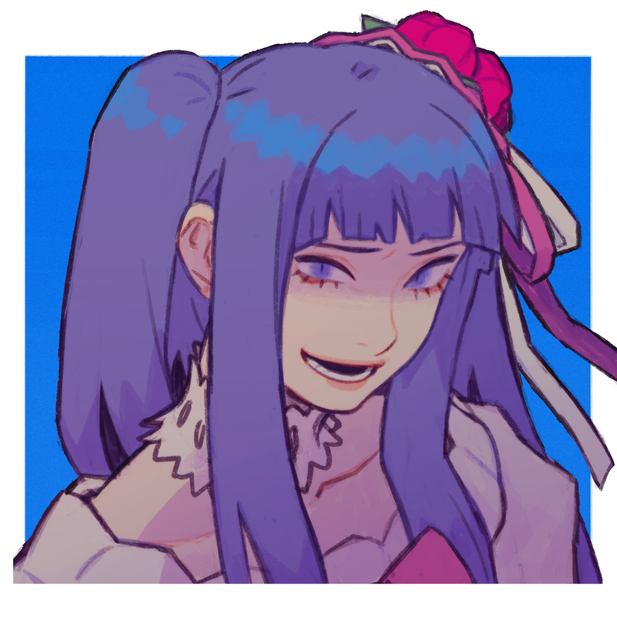 jbbetz, furudo erika, umineko no naku koro ni, 1girl, blue eyes, blue hair, blunt bangs, bow, choker, flower, frills, hair flower, hair ornament, hat, long hair, open mouth, picture frame, pink bow, portrait, ribbon, rose, smile, solo, twintails