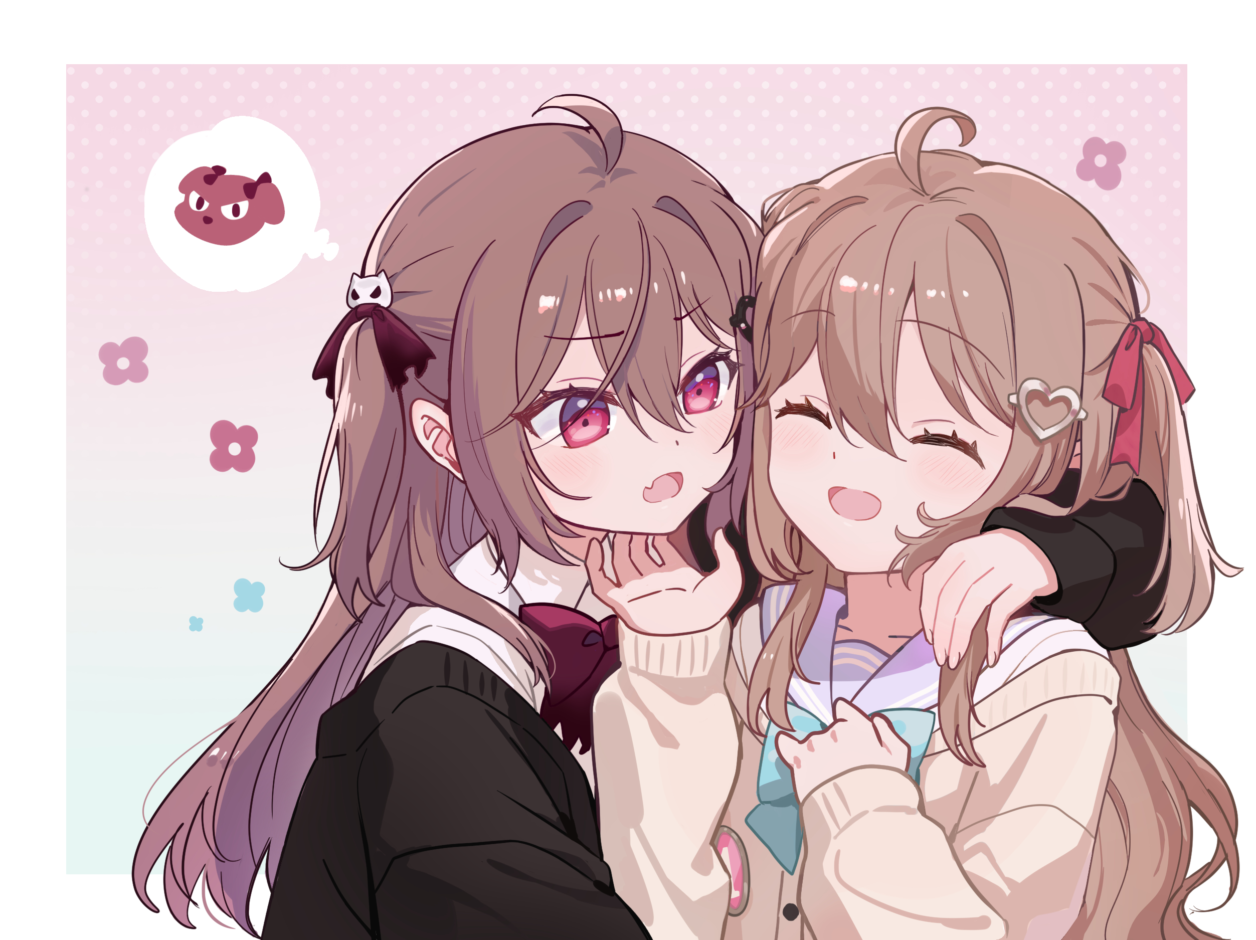 evil neuro-sama, neuro-sama, commentary, commission, highres, second-party source, 2girls, ahoge, aqua bow, aqua bowtie, arm around neck, badge, black cardigan, blue sailor collar, bow, bowtie, brown hair, button badge, cardigan, closed eyes, dress shirt, from side, hair ornament, hair ribbon, heart, heart hair ornament, long hair, long sleeves, multiple girls, open mouth, red eyes, red ribbon, ribbon, sailor collar, shirt, siblings, sisters, skull hair ornament, speech bubble, torn hair ribbon, twins, two side up, upper body, usamin1211, vedal ai, virtual youtuber, white shirt, yellow cardigan