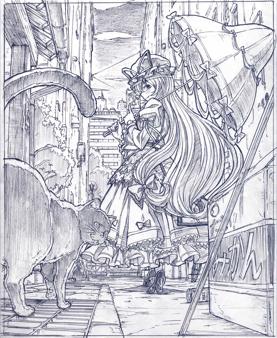 sakino shingetsu, yakumo yukari, touhou, graphite (medium), highres, traditional media, 1girl, alley, bow, box, cat, city, contemporary, female focus, hair bow, high heels, long hair, looking back, mikan box, monochrome, parasol, purple theme, ribbon, shoes, sketch, smirk, solo, umbrella, walking