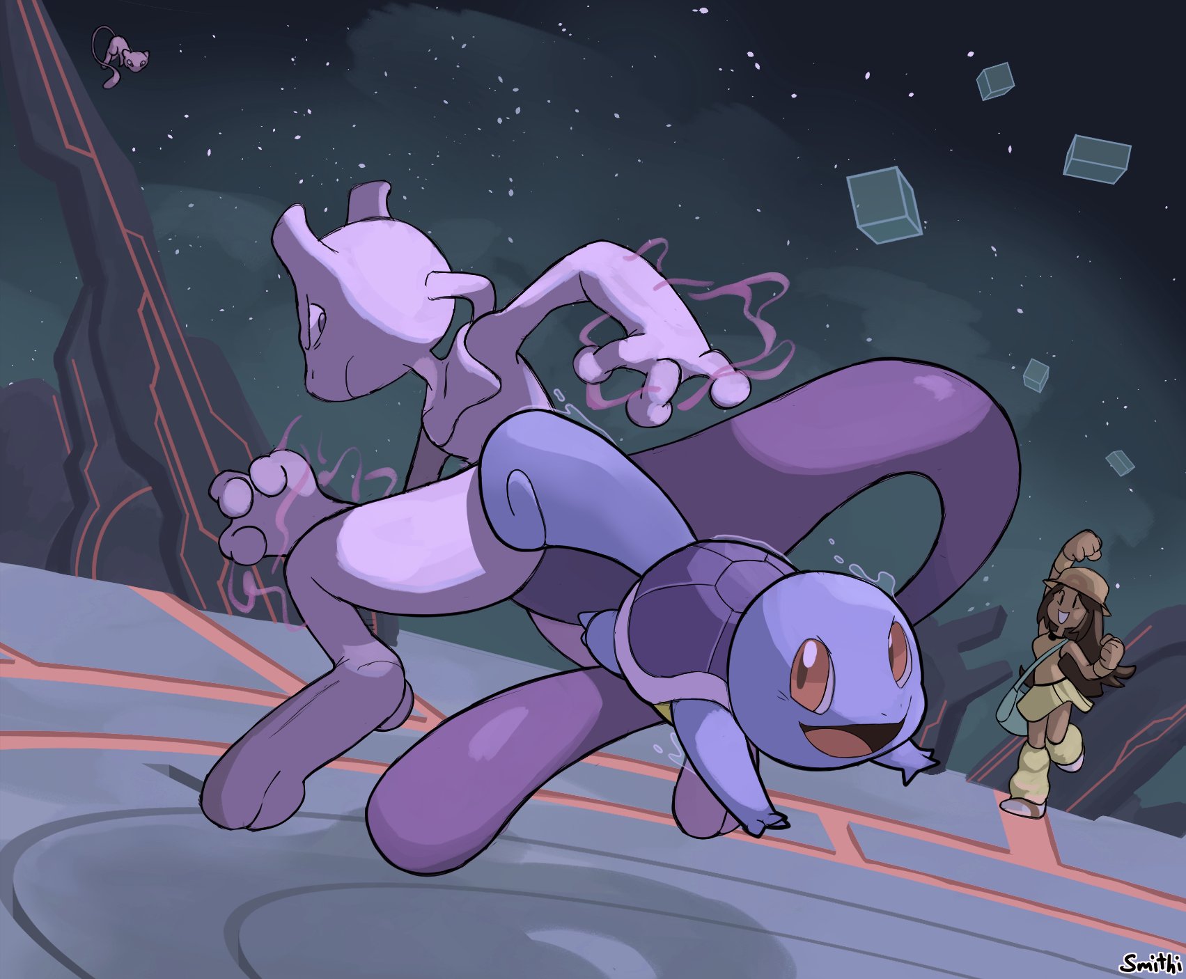 eversmithi, leaf (pokemon), mew (pokemon), mewtwo, squirtle, nintendo, pokemon, pokemon frlg, super smash bros., highres, 1girl, alternate color, animal ears, brown hair, cat ears, cat tail, clenched hands, dutch angle, final destination (smash bros), gen 1 pokemon, legendary pokemon, mythical pokemon, player 2, pokemon (creature), signature, tail