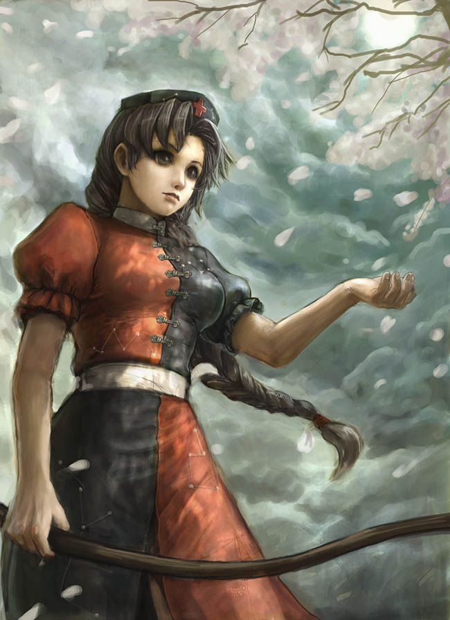 hamoto, yagokoro eirin, touhou, silver hair, bad id, bad pixiv id, 1girl, braid, cherry blossoms, cloud, female focus, hat, long hair, plant, realistic, single braid, sky, solo, standing, tree