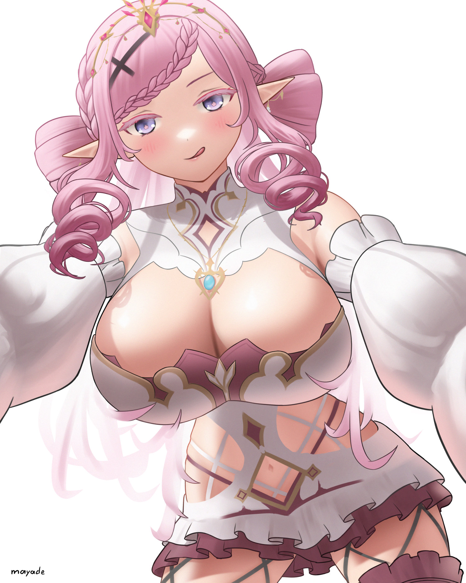 mayade art, malice evermore, phase connect, highres, 1girl, :q, artist name, blush, braid, breasts, cleavage, clothing cutout, detached sleeves, dress, drill hair, hair ornament, large breasts, long hair, looking at viewer, navel, pink hair, pointy ears, purple eyes, solo, tongue, tongue out, virtual youtuber, white background, white dress, white sleeves