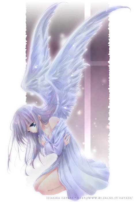 hayase akira, angel, blue eyes, blue hair, kneeling, long hair, thighhighs, wings